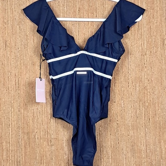 JUICY COUTURE‎ Sz S 1 Piece Swimsuit Deep Ruffle V-Neck & Back Navy Blue NWT $98 - Picture 4 of 9